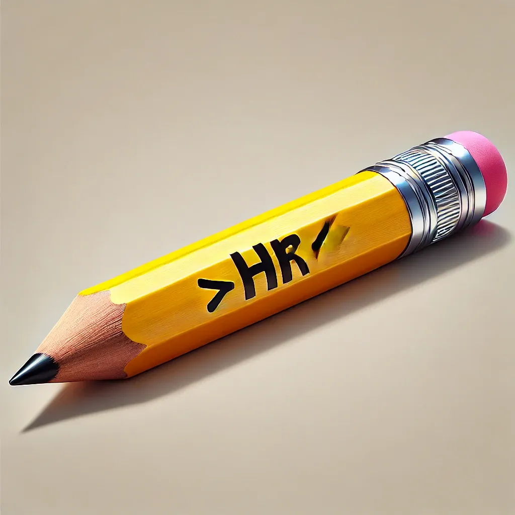 Draw me a very realistic yellow #2 pencil that says "<HR>" on it. The pencil is exactly horizontal with no background 