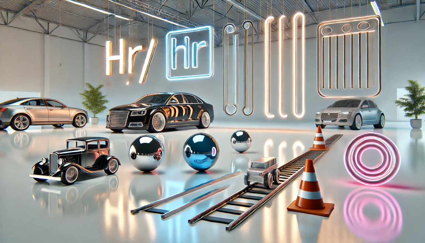 prompt: In the early days web pages had fun silly, lightweight graphics to use in place of a horizontal rule (<HR>) show me an automobile show room with five examples of rate horizontal rules expressed as 3d objects